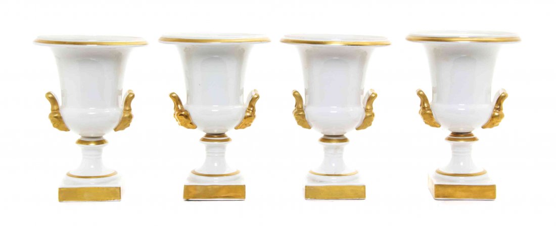 A Set of Four Paris Porcelain Style Vases Height 7 3/4: A Set of Four Paris Porcelain Style Vases campagna form with gilt highlights. Height 7 3/4 inches. Property from the Estate of James J. McKiernan, Kansas City, Missouri