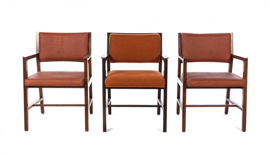 Three Edward Wormley Mahogany Armchairs, for Dunbar: Three Edward Wormley Mahogany Armchairs, for Dunbar each having an upholstered back and seat, raised on square tapering legs, joined by stretchers, two with a Dunbar plaque. Height 31 1/2 inches. Prop