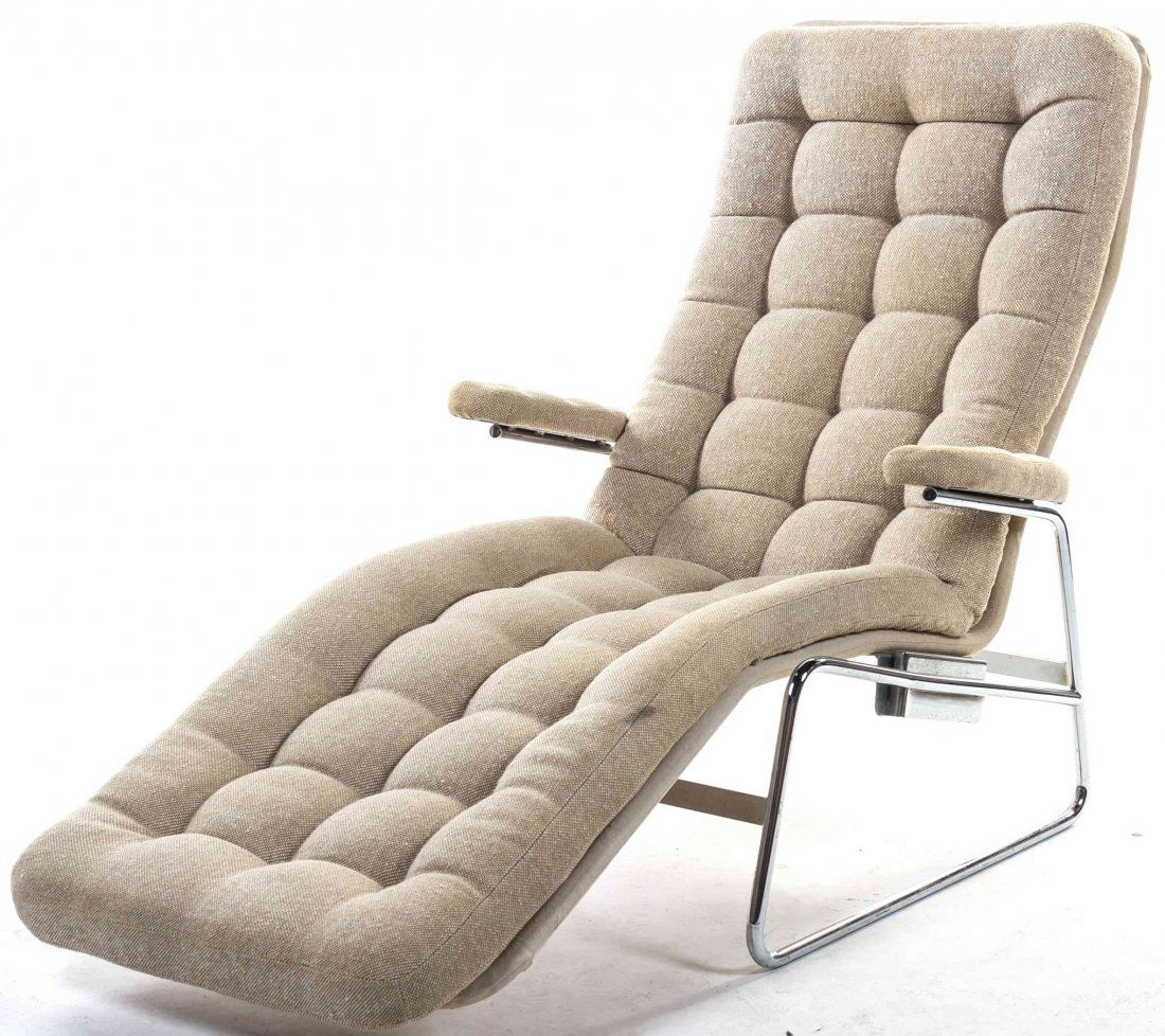 An Upholstered and Chromed Lounge Chair Height 37 1/4: An Upholstered and Chromed Lounge Chair BRUNO MATHSSON FOR DUX having a tufted back arms and seat, raised on tubular supports, joined by a stretcher. Height 37 1/4 inches.