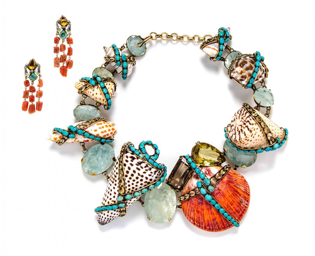 An Iradj Moini Multicolor Sea Shell Convertible Demi: An Iradj Moini Multicolor Sea Shell Convertible Demi Parure, necklace comprised of alternating fluorite, turquoise, simulated turquoise, and sea shells, with a detachable center coral colored shell br