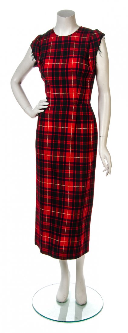 A Comme des Garcons Red Tartan Plaid Wool Dress, Size: A Comme des Garcons Red Tartan Plaid Wool Dress, Fall/Winter 1999, scoop neckline with unfinished padded cap sleeves, princess darts to the bodice, and center back split hem. Labeled: Comme des Garcon