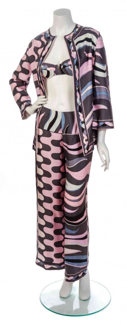 An Emilio Pucci Grey and Pink Silk Print Hostess Pajama: An Emilio Pucci Grey and Pink Silk Print Hostess Pajama Ensemble, 1960s, comprised of a button down shirt, a demi cup bra, and a pair of palazzo pants. Each labeled: Emilio Pucci. Size 8. Property fro