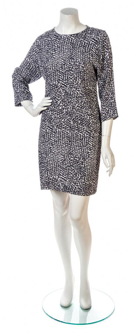 A Celine Black, White and Grey Print Matelasse Dress,: A Celine Black, White and Grey Print Matelasse Dress, jewel neckline with two side seam pockets. Labeled: Celine. Property from the Estate of Rita Dee Hassenfeld, Palm Beach, Florida