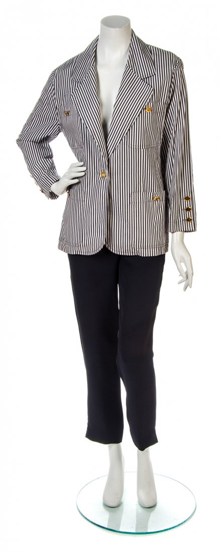 A Chanel White and Gray Cotton Striped Jacket, Jacket: A Chanel White and Gray Cotton Striped Jacket, single breasted with goldtone perfume bottle buttons and dour patch pockets, together with a pair of grey-black silk crepe pants. Each labeled: Chanel. J