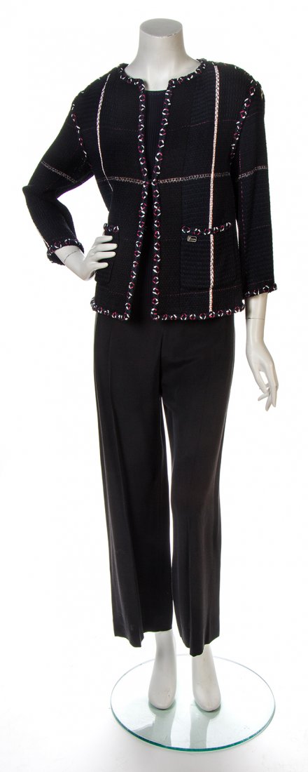 A Chanel Navy, White and Black Cotton and Wool Knit: A Chanel Navy, White and Black Cotton and Wool Knit Twinset, comprised of a boxy cardigan edged in a braided trim, with two hook and eye front closures, two patch pockets and a gunmetal chain-weighted