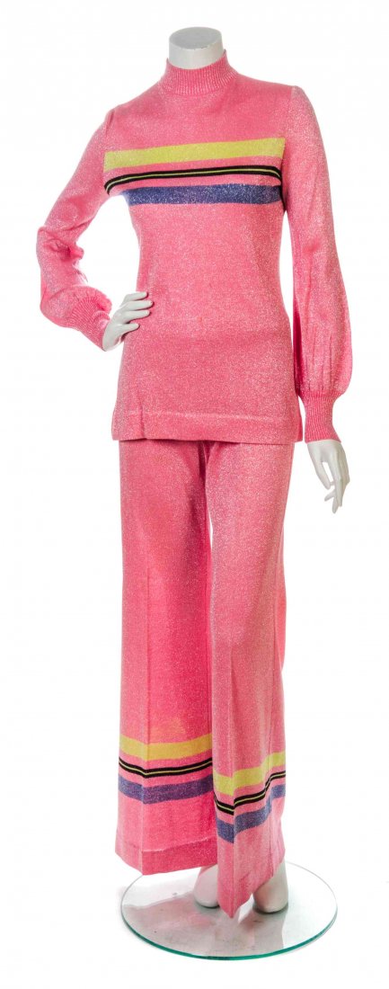 An Emilio Pucci Pink and Silver Lurex Pant Ensemble,: An Emilio Pucci Pink and Silver Lurex Pant Ensemble, comprised of a sweater with a mock neck, and zippered back closure, together with a pair of wide leg pants. Pants labeled: Emilio Pucci. Pants size