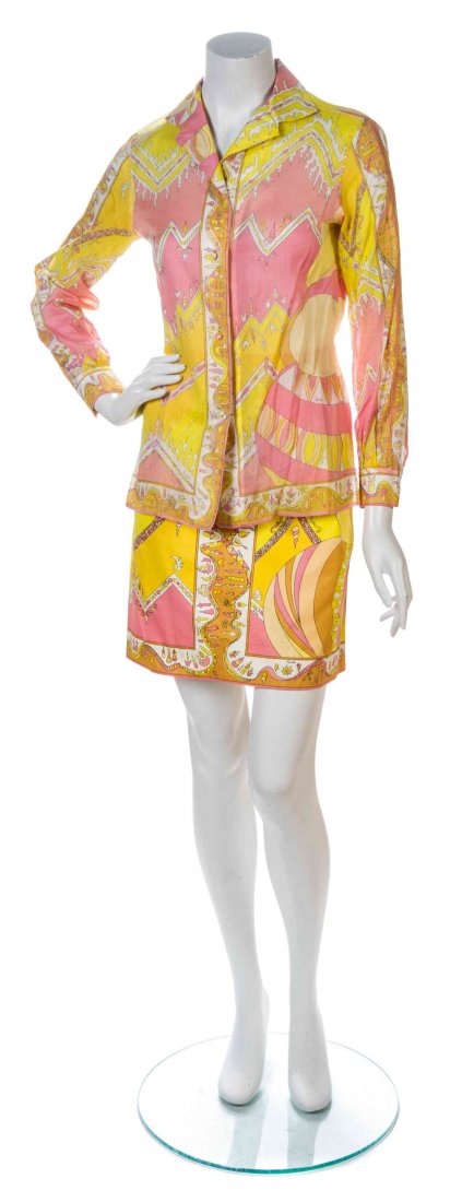 An Emilio Pucci Pink and Yellow Print Cotton Skirt: An Emilio Pucci Pink and Yellow Print Cotton Skirt Ensemble, comprised of sheer cotton printed button down shirt, together with an A-line skirt. Each labeled: Emilio Pucci. Shirt size 10, skirt size 8