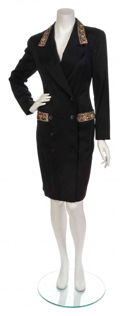 A Fendi Black Wool Coat Dress, Size 40.: A Fendi Black Wool Coat Dress, double breasted, slip pockets, with gold floral embroidered trim. Labeled: Fendi. Size 40. Condition: Measurements: Bust: 18" flat Waist: 15" flat Hip: 17" flat Length: