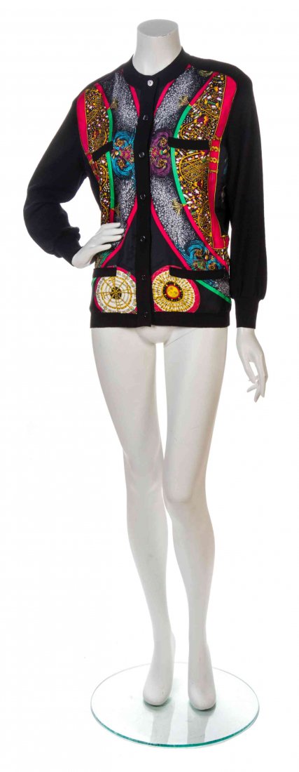 Two Rare Hermes Feux d'Artifice Print Silk Tops, Sizes: Two Rare Hermes Feux d'Artifice Print Silk Tops, circa 1987, print commemorating Hermes' 150 Year Anniversary. Comprised of a cashmere and silk crewneck pullover, and a cashmere and silk button down c