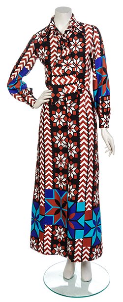 A Lanvin Multicolor Geometric Print Skirt Ensemble,: A Lanvin Multicolor Geometric Print Skirt Ensemble, 1970s, comprised of a button down shirt, a button down skirt and a self belt. Labeled: Lanvin.