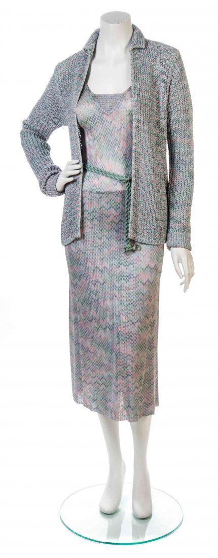 A Missoni Aqua and Pink Knit Dress Ensemble,: A Missoni Aqua and Pink Knit Dress Ensemble, comprised of a sleeveless V-neck slip dress, together with a short open front cardigan and a matching rope belt. Each labeled: Missoni. Property from the E