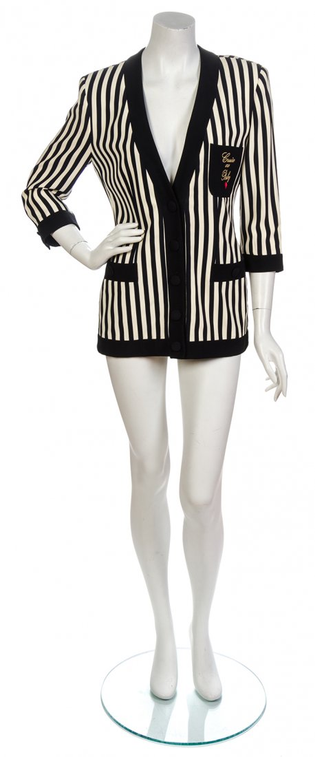 A Moschino Couture! Black and Ivory Stripe 'Cruise Me: A Moschino Couture! Black and Ivory Stripe 'Cruise Me Baby' Blazer, 1980s, single breasted, with black banding, three-quarter length sleeves and a gold ôCruise Me Babyö embroidery to the chest pocke