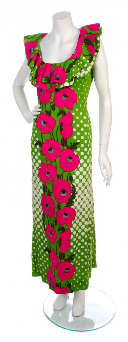 A Pierre Cardin Jersey Couture Printed Maxi Dress,: A Pierre Cardin Jersey Couture Printed Maxi Dress, 1970, sleeveless with a ruffled neckline. Labeled: Pierre Cardin Jersey Couture. Property from a Private Collector, Brooklyn, New York