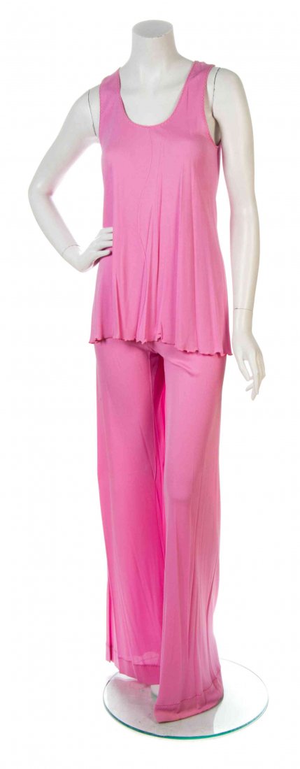 A Stephen Burrows Pink Pant Jersey Ensemble, Pants size: A Stephen Burrows Pink Pant Jersey Ensemble, comprised of a sleeveless top, with a jewel neckline, together with a pair of wide leg pants, each with the signature lettuce hem. Pants labeled: Stephen B