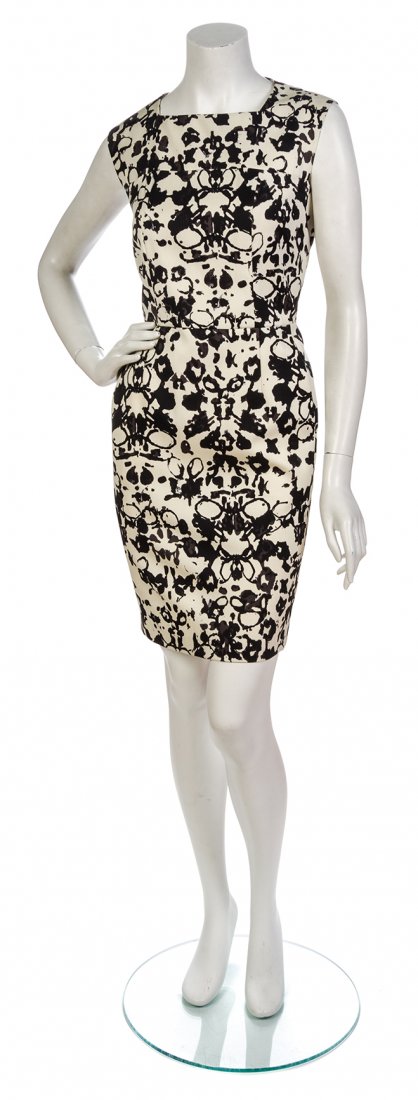 An Yves Saint Laurent Ivory and Black Print Dress,: An Yves Saint Laurent Ivory and Black Print Dress, square neckline with a seam paneled bodice. Labeled: Yves Saint Laurent. Property from the Estate of Rita Dee Hassenfeld, Palm Beach, Florida