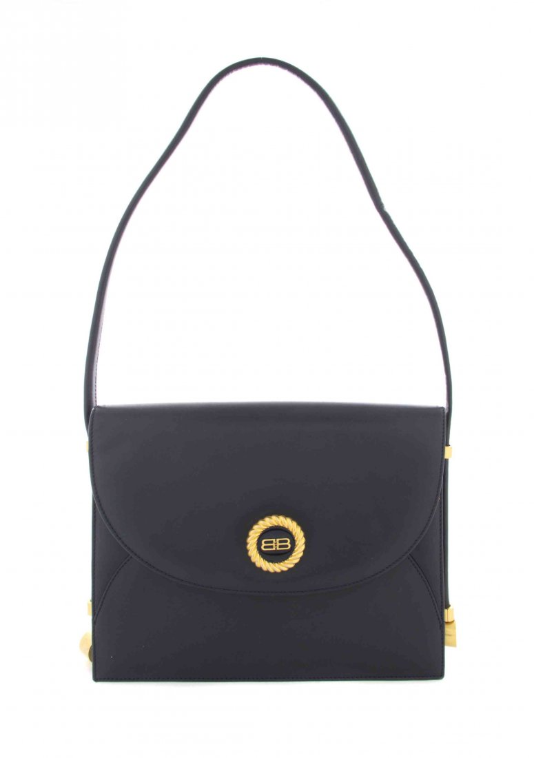 A Balenciaga Black Leather Bag, 11 x 9 x 2 1/2 inches.: A Balenciaga Black Leather Bag, goldtone hardware, three interior compartments with one zippered pocket. Stamped: Balenciaga. 11 x 9 x 2 1/2 inches. Property from the Collection of Ms. Michelle Kungis
