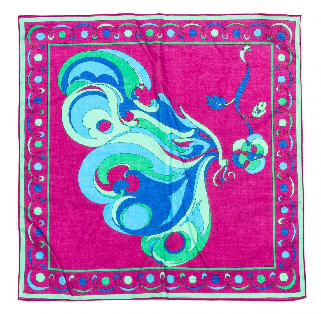 A Group of Five Emilio Pucci Print Scarves,: A Group of Five Emilio Pucci Print Scarves, comprised of a purple and green cotton scarf, a pink and yellow cotton scarf, a pink cotton scarf, a lavender and green silk scarf, and a marigold silk chif