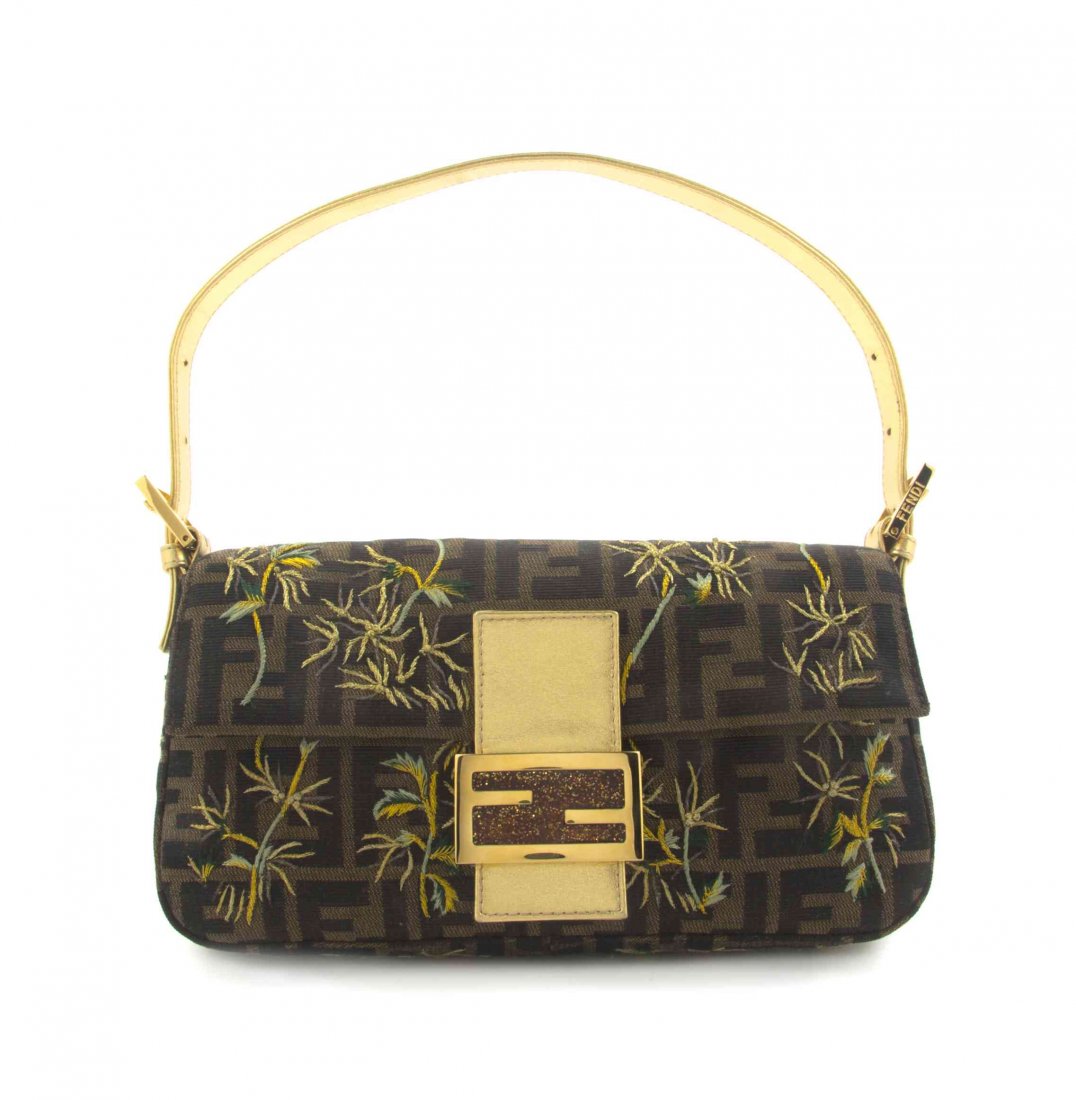 A Fendi Brown and Gold Monogram Pouchette, 10 x 5 x 1: A Fendi Brown and Gold Monogram Pouchette, with all-over green and gold palm tree embroidery, a single gold leather adjustable shoulder strap, foldover flap closure with a goldtone and glitter enamel