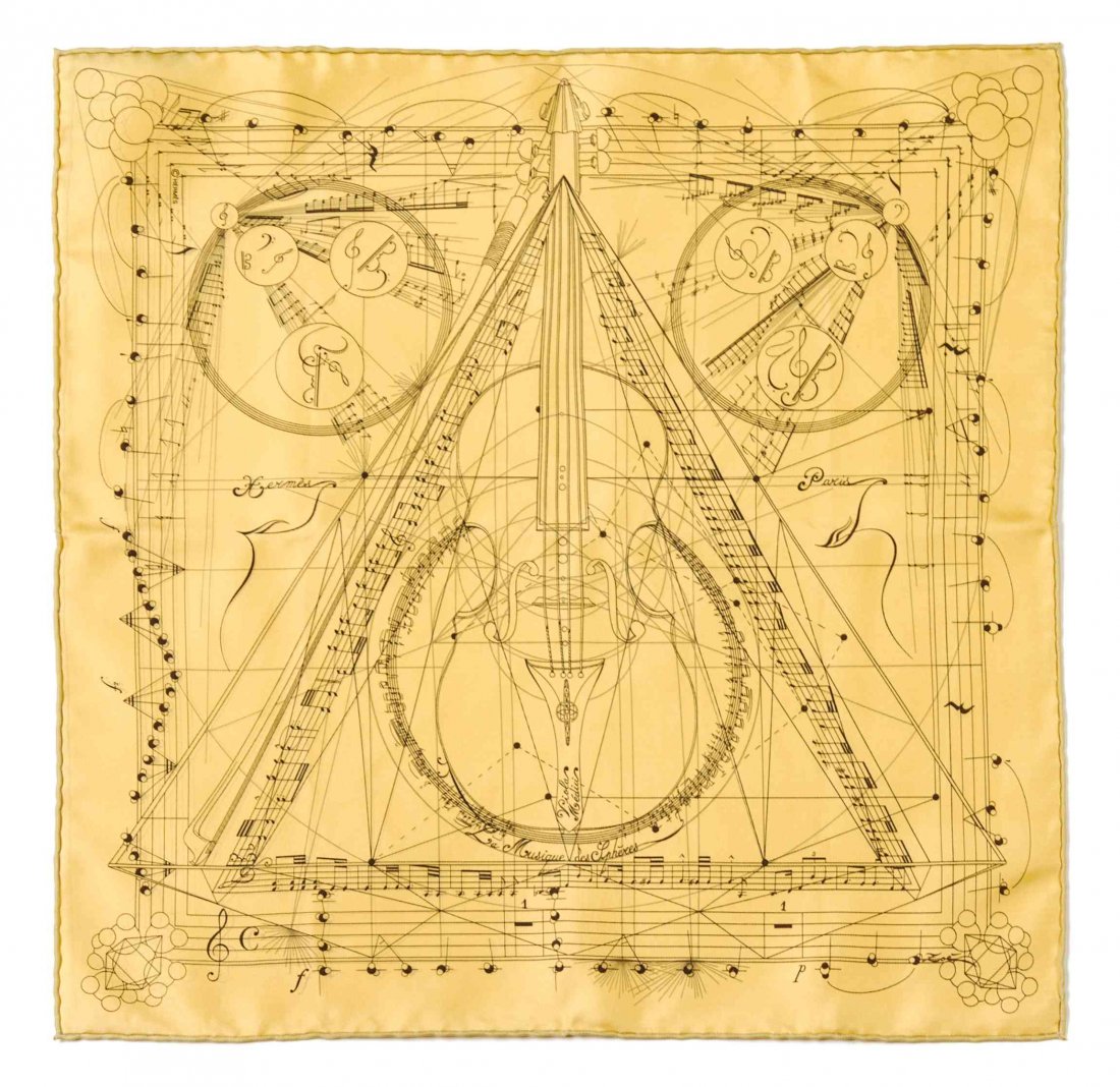 An Hermes Silk Pocket Square, 16 x 16 inches.: An Hermes Silk Pocket Square, in a 'La Musique des Spheres' motif. Labeled within print: Hermes. 16 x 16 inches. Property from the Estate of Rita Dee Hassenfeld, Palm Beach, Florida Condition: Comes w