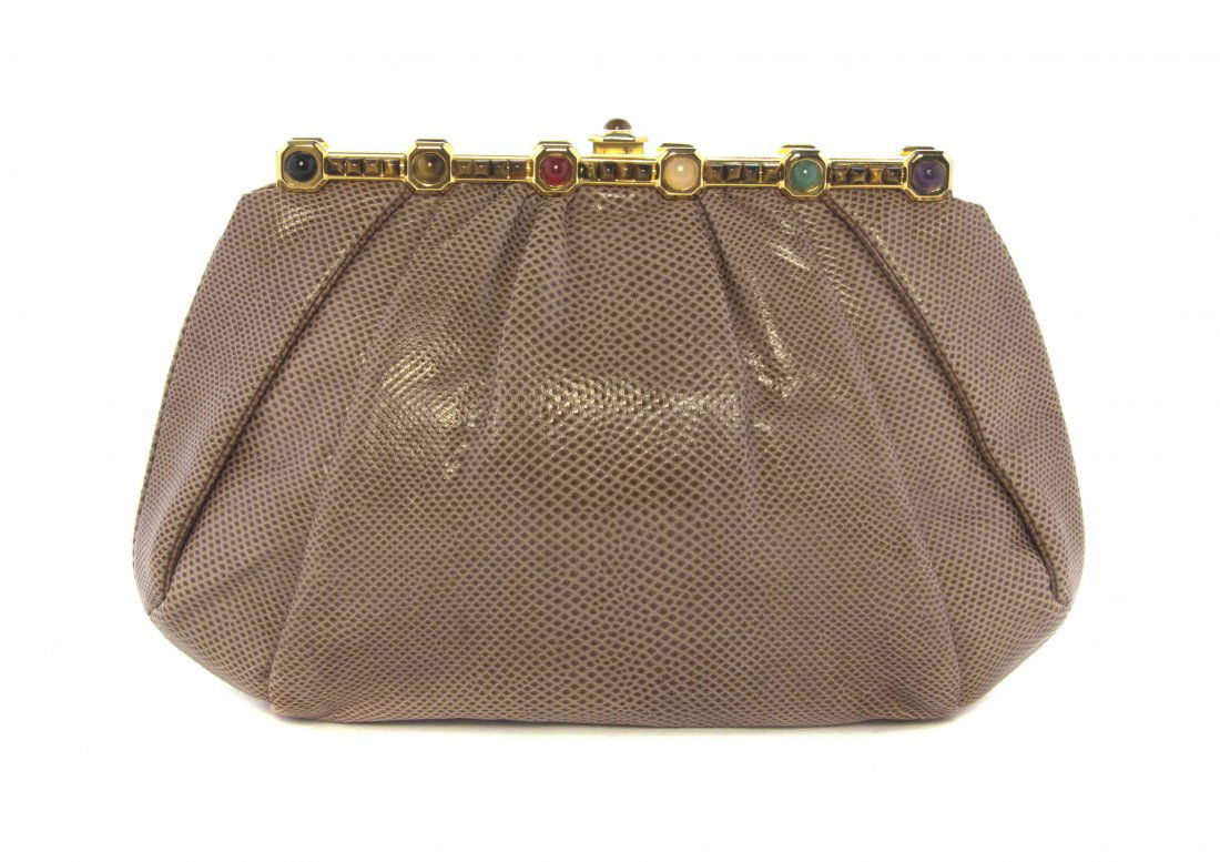 A Judith Leiber Taupe Lizardskin Bag, 10 1/2 x 7 x 2: A Judith Leiber Taupe Lizardskin Bag, multicolor cabochon frame, with a pushdown clasp, drop in shoulder strap, and interior zippered and scalloped pockets. Stamped: Judith Leiber. 10 1/2 x 7 x 2 inch