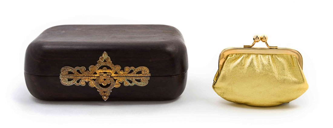 A Judith Leiber Ebony Box Clutch, 5 1/2 x 3 1/2 x 2: A Judith Leiber Ebony Box Clutch, 1977, vermeil closure with gold kidskin lining, includes coin purse. Stamped: Judith Leiber. 5 1/2 x 3 1/2 x 2 inches. Property from the Estate of Rita Dee Hassenfeld