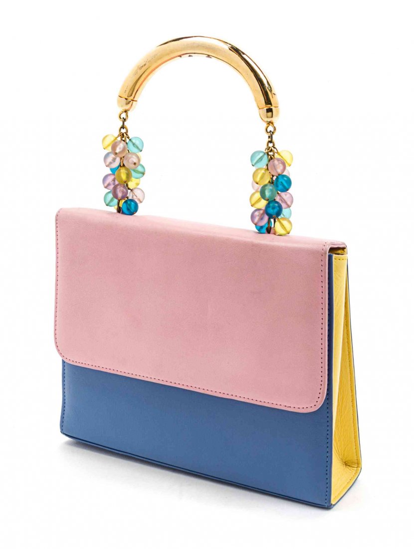 A Louis Feraud Leather Colorblock Leather Bag, 9 x 7: A Louis Feraud Leather Colorblock Leather Bag, with blue, pink and yellow panels, a goldtone multicolor beaded handle, and an interior zippered pocket. Labeled: Louis Feraud. 9 x 7 1/2 x 2 inches. Con