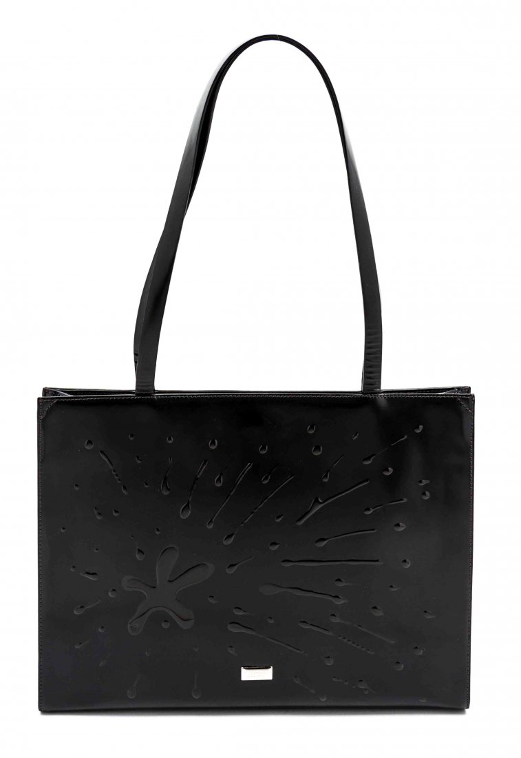 A Moschino Black Leather 'Splash' Bag, 13 1/2 x 11 x 2: A Moschino Black Leather 'Splash' Bag, circa 2002, two shoulder straps with a snap button closure, interior zippered pocket with black monogram textile lining. Stamped: Moschino 13 1/2 x 11 x 2 1/2 in