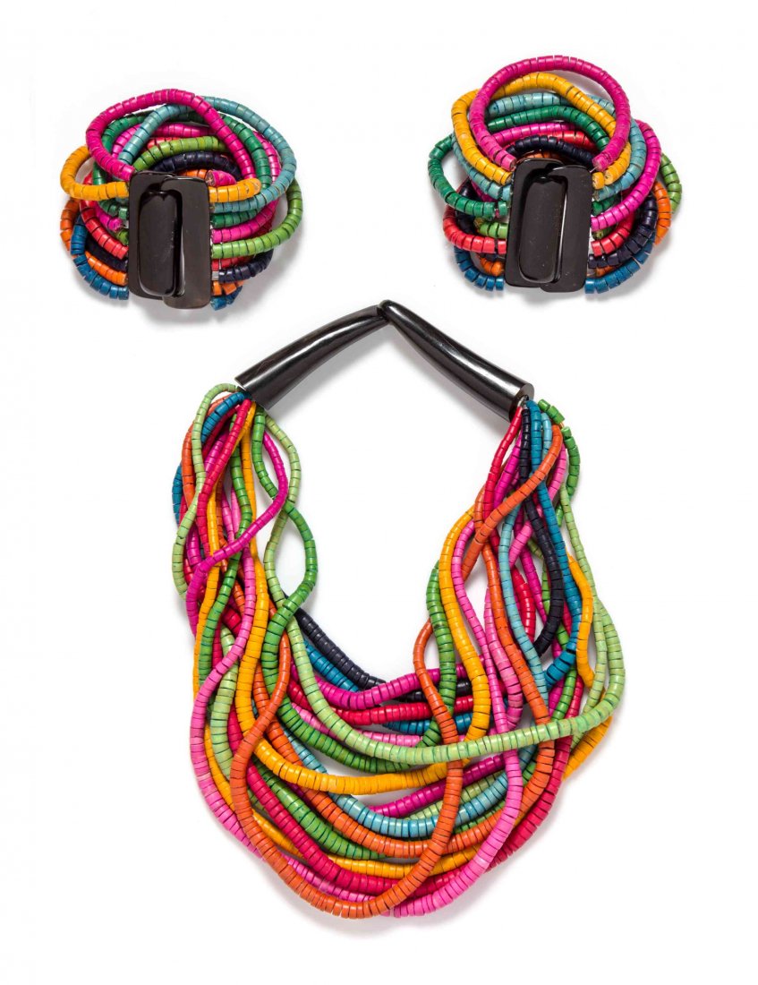 A Gerda Lynggaard for Monies Multicolor Bead Demi: A Gerda Lynggaard for Monies Multicolor Bead Demi Parure, comprised of a multistrand necklace, together with two matching bracelets. Unsigned. Condition: Measurements: Necklace: 19 1/2 inches. Bracele