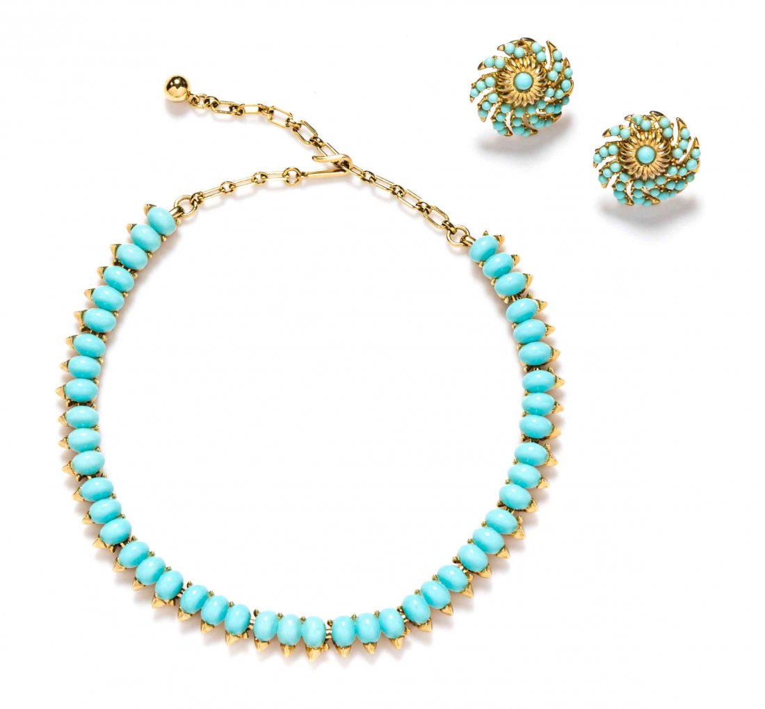 A Trifari Goldtone Aqua Beaded Demi Parure,: A Trifari Goldtone Aqua Beaded Demi Parure, comprised of a necklace and a pair of earclips. Necklace is stamped: Trifari. Earclips are stamped: Crown Trifari.
