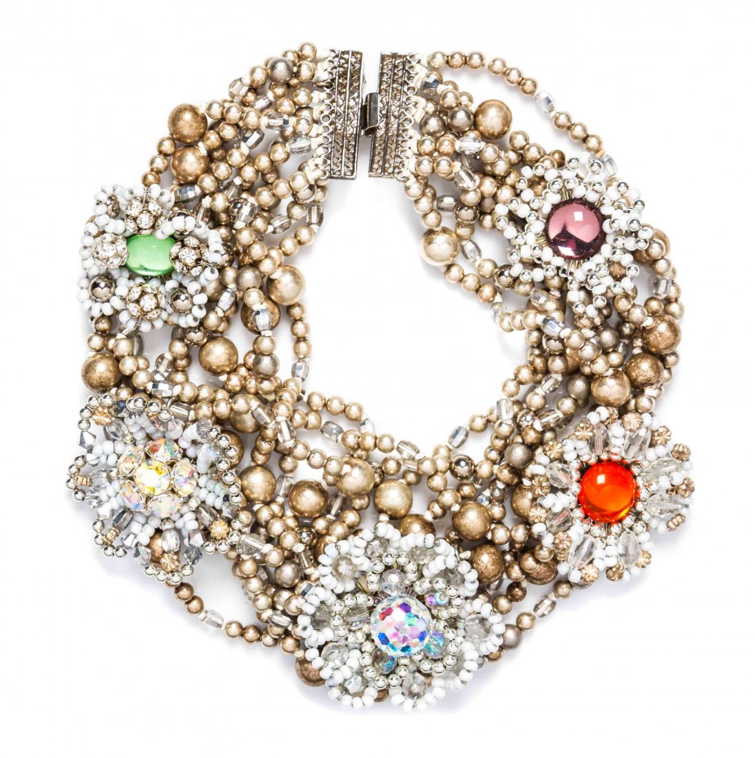 An Eric Beamon Champagne Pearl Beaded Multistrand: An Eric Beamon Champagne Pearl Beaded Multistrand Choker Necklace, with five floral wire beaded pendants. Stamped: Eric Beamon. Property from the Estate of Ruth Horwich, Chicago, Illinois
