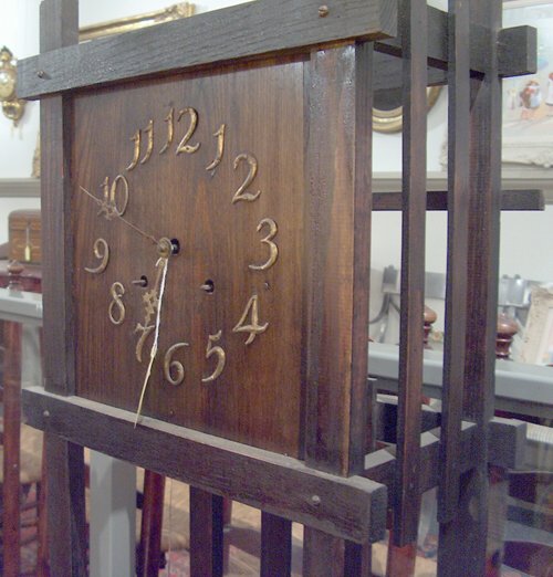 MISSION-STYLE GRANDFATHER CLOCK 20th c. Oak case w: MISSION-STYLE GRANDFATHER CLOCK 20th c. Oak case with Mission-style details. Lacking key & pendulum. H: 69 1/2, x W: 17, D: 9 1/2 in.