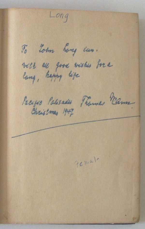 1 piece + 1 vol. Thomas Mann Autograph Material: 1 piece + 1 vol. Thomas Mann Autograph Material: Mounted Color Photo Portrait of Thomas Mann, inscribed to John & Lucy Long, dated, Princeton, June 6th [19]39 & signed in ink on mount below portrait