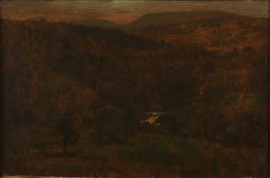 George Inness (American, 1825-1894): Landscapeoil on panelsigned "G. Inness" (lower left)9 x 13 3/4 inches.Provenance:Sotheby's, New YorkSale 1517, September 1995