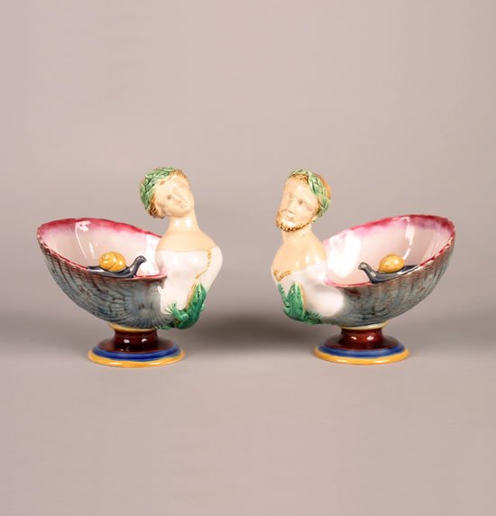 A Pair of Minton Majolica Figural Sweetmeat Dishes