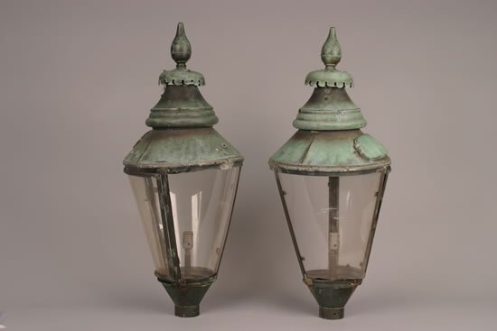 A Pair of Verdigris Patinated Metal Lanterns.