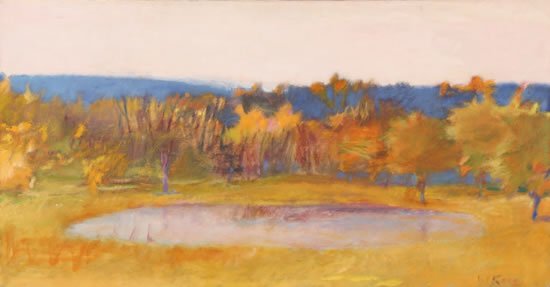 Wolf Kahn (American, b. 1927): Farm Pondoil on canvassigned "WK" (lower left) 23 x 44 inches.Grace Borgenicht Gallery, New York