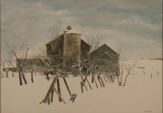 Robert W. Addison (American, b. 1924): Barn in Wintergouache on papersigned "Robert Addison" (lower right) 17 3/4 x 24 3/4 inches.