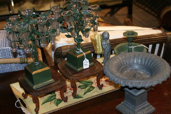 A Group of Miscellaneous Decorative Articles, Len: A Group of Miscellaneous Decorative Articles, comprising two cast metal urns, a painted floral tray, a patinated cherub, two wooden stands and two epergnes; eight pieces. Length of tray 21 1/2 inches.