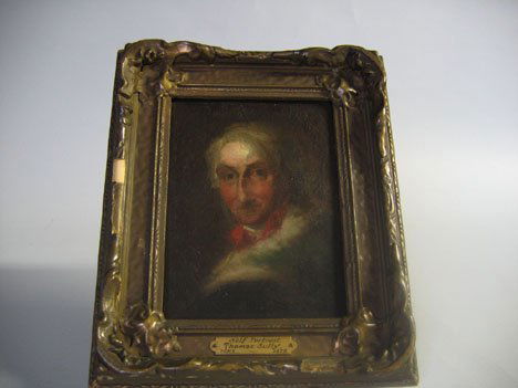 Attributed to Thomas Sully (1783-1872), possibly: Attributed to Thomas Sully (1783-1872) possibly a self portrait of the artist Oil on tin, inscribed on back of frame Portrait of Thomas Sully at 80 by himself", framed. 8 in. x 3 3/4 in. "