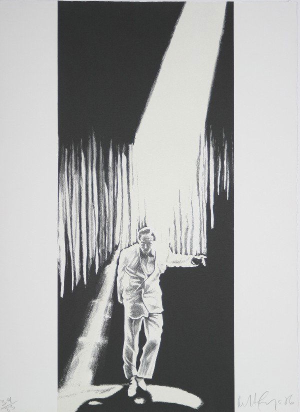 Robert Longo, (American, b. 1953), Untitled (Man i: Robert Longo (American, b. 1953) Untitled (Man in the Spotlight) 1986 lithograph, with diamond dust edition 34/85, signed "Rich Longo '86" (lower right) 31 x 22 inches.