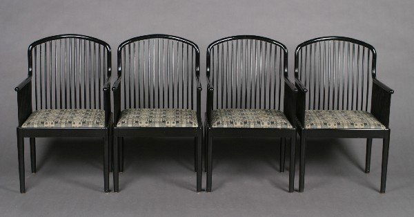 A Set of Eight Davis Allen Andover" Chairs,": A Set of Eight Davis Allen "Andover" Chairs, having black laquered frames, with spindle backs over upholstered seats.