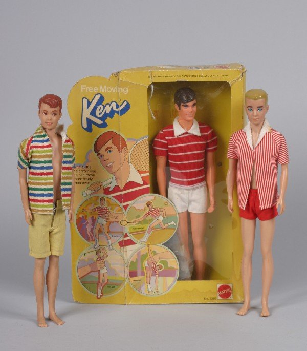 A Group of Vintage Barbies, Height 12 inches.: A Group of Vintage Barbies, comprising a 1961 Ken, 1960's Allan in tagged outfit, and a 1974 Free Moving Ken in original box. Height 12 inches.