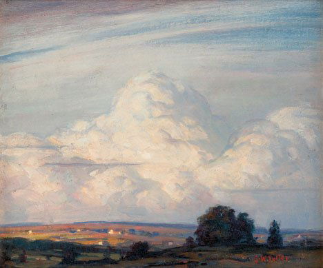 GEORGE WILLIAM SOTTER, (AMERICAN 1879-1953), ROLLI: GEORGE WILLIAM SOTTER (AMERICAN 1879-1953) ROLLING CLOUDS Signed G W Sotter" bottom right, signed, dated and inscribed "G. W. Sotter 1937 Holicong PA" verso, oil on board 10 x 12 in. (25.4 x 30.5