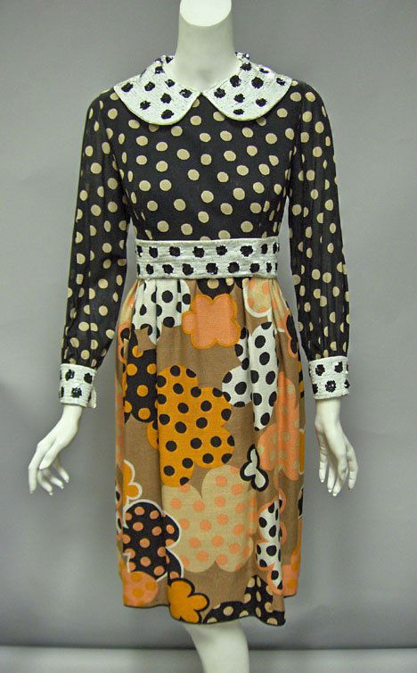 Burke-Amey mod printed cocktail dress, 1960s, Sh: Burke-Amey mod printed cocktail dress 1960s Sheer polka-dotted long-sleeved bodice with sequined Peter Pan collar, waist band and cuffs, printed linen knee-length skirt, entirely lined in silk with a