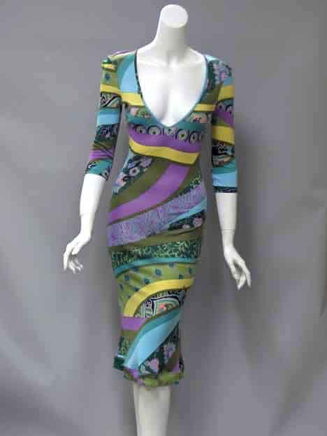 Etro rayon jersey deep v-neck print dress, , In: Etro rayon jersey deep v-neck print dress In bright green, yellow and purple tones, extremely form-fitting long column with long sleeves and a patchwork print. Size 42.