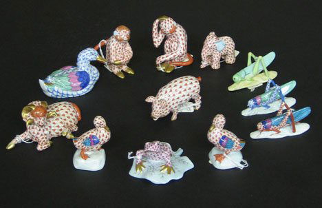 Twelve piece Herend Animal Figures, 20th c., Inclu: Twelve piece Herend Animal Figures 20th c. Including 3 ducks, 2 monkeys, 3 grasshoppers, elephant, frog, pig and a ram. All having blue imprinted Herend stamps. L: of ram 4 1/4 in. L: of mallard 4 in.