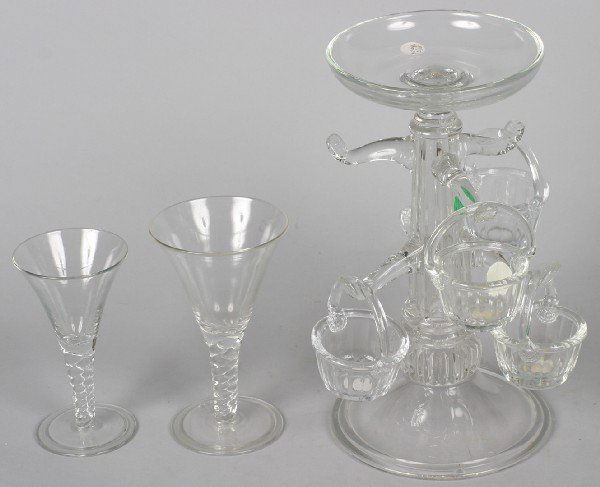 A Group of Pressed and Cut Glass Table Articles,: A Group of Pressed and Cut Glass Table Articles, comprising epergnes, trays, bowls and others; approximately 20 pieces.