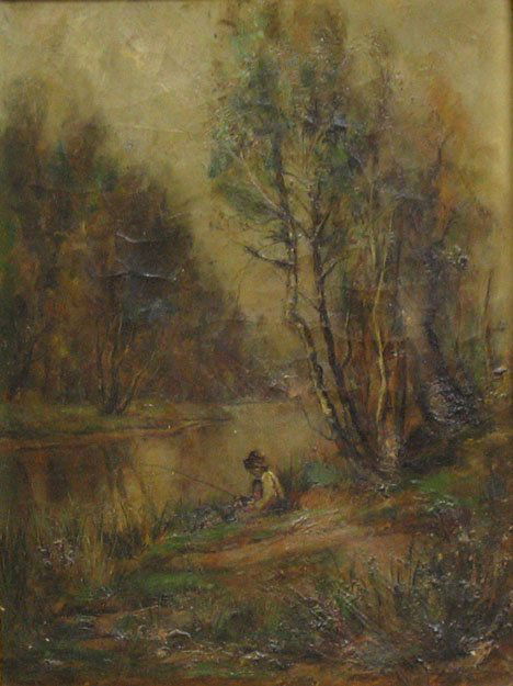 FREDERICK LEO HUNTER, (AMERICAN 1858-1943), FISHI: FREDERICK LEO HUNTER (AMERICAN 1858-1943) FISHING IN A CREEK Signed and dated 1885, oil on canvas 12 x 8 3/4 in.