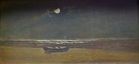 ALEXANDER CHARLES STUART (American 1831-1898) BOA: ALEXANDER CHARLES STUART (American 1831-1898) BOAT ALONG THE SHORE, EVENING signed, oil on artist's board 4-3/8 x 9 in.