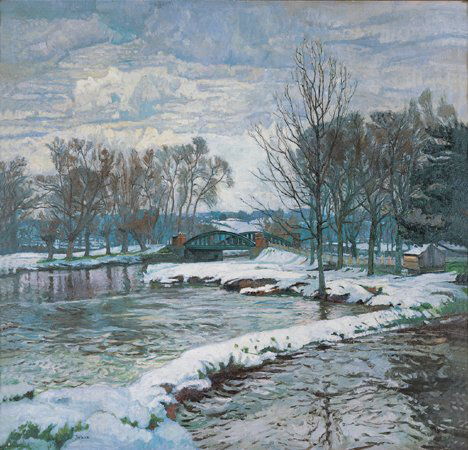 JOHN ANTHONY PARK (British 1880-1962) THE IRON B: JOHN ANTHONY PARK (British 1880-1962) THE IRON BRIDGE, WINTER signed JA PARK" bottom left, oil on canvas 47 x 49 in. (119.3 x 124.4 cm.)"